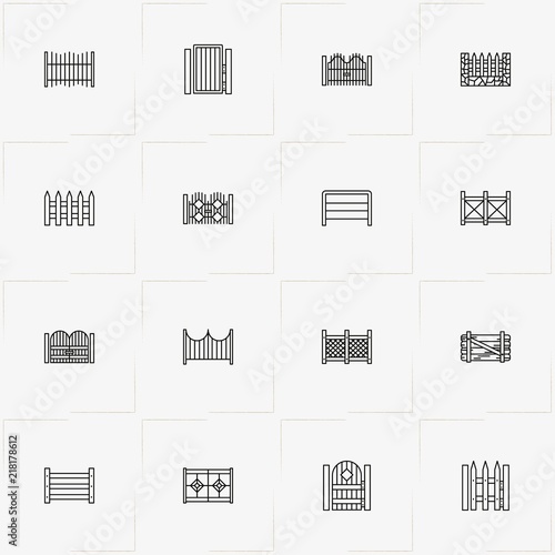 Fences And Wickets line icon set with fence, wicket and gate