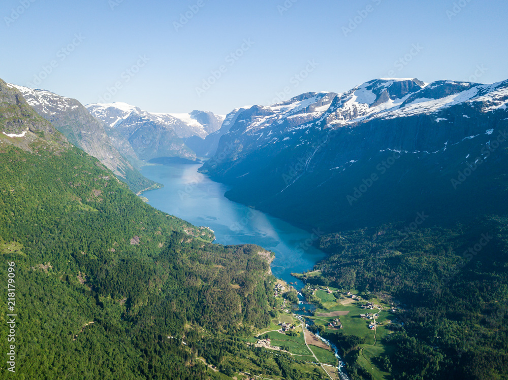 Aerial view of lake Lovatnet in Norway