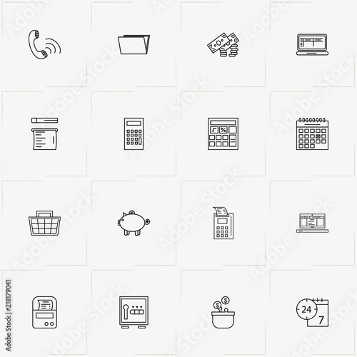 Finance line icon set with laptop, thrift box and safe