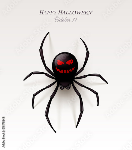Spider with a pattern on the abdomen in the form of an ominous smile. Halloween vector illustration,