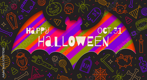 Silhouette of a bat cutout in paper on a background with linear halloween signs and symbols. Vector illustration.