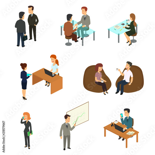 collection of isometric business people working in the office.