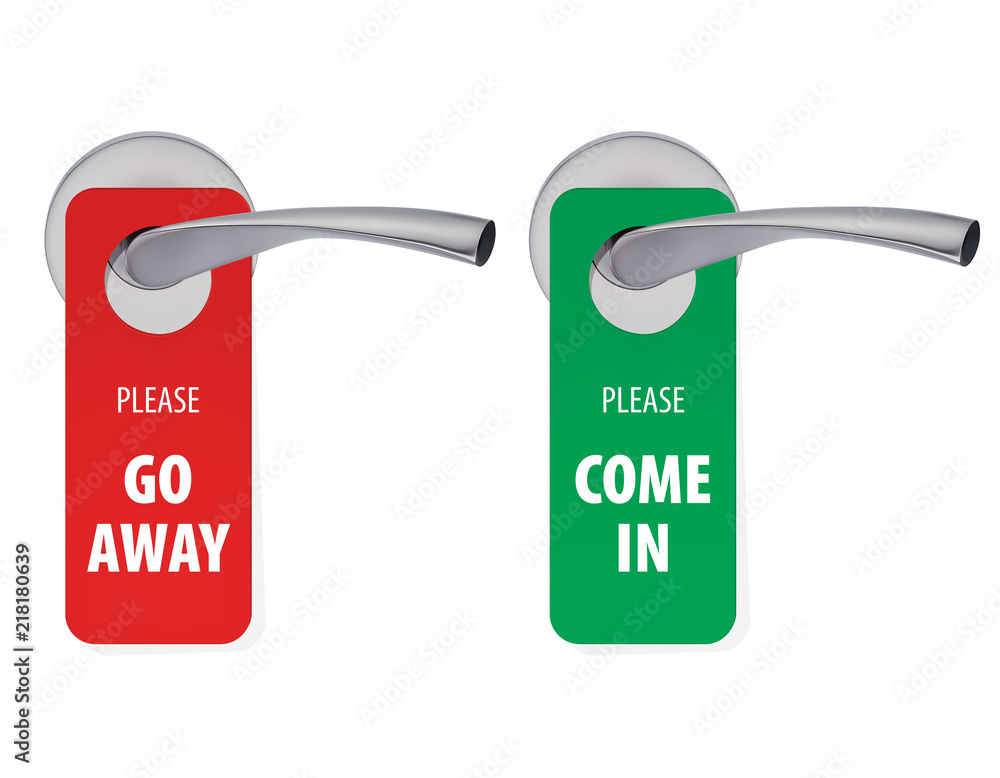 Fototapeta premium Go away and Come in room tags on door handle. Vector 3d illustration