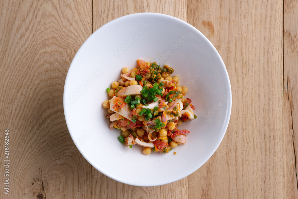Salad with chickpea, ham, bacon, green onion and mustard Salad with chickpea, ham, bacon, green onion and mustard
