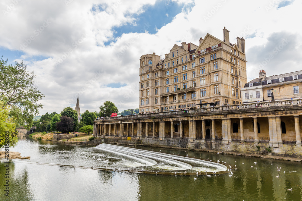 View from the famous historic Pulteney Bridge in Bath, Somerset, UK