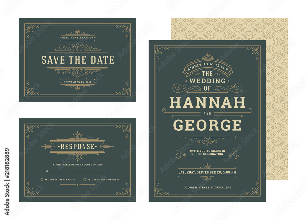 Set wedding invitations flourishes ornaments cards.