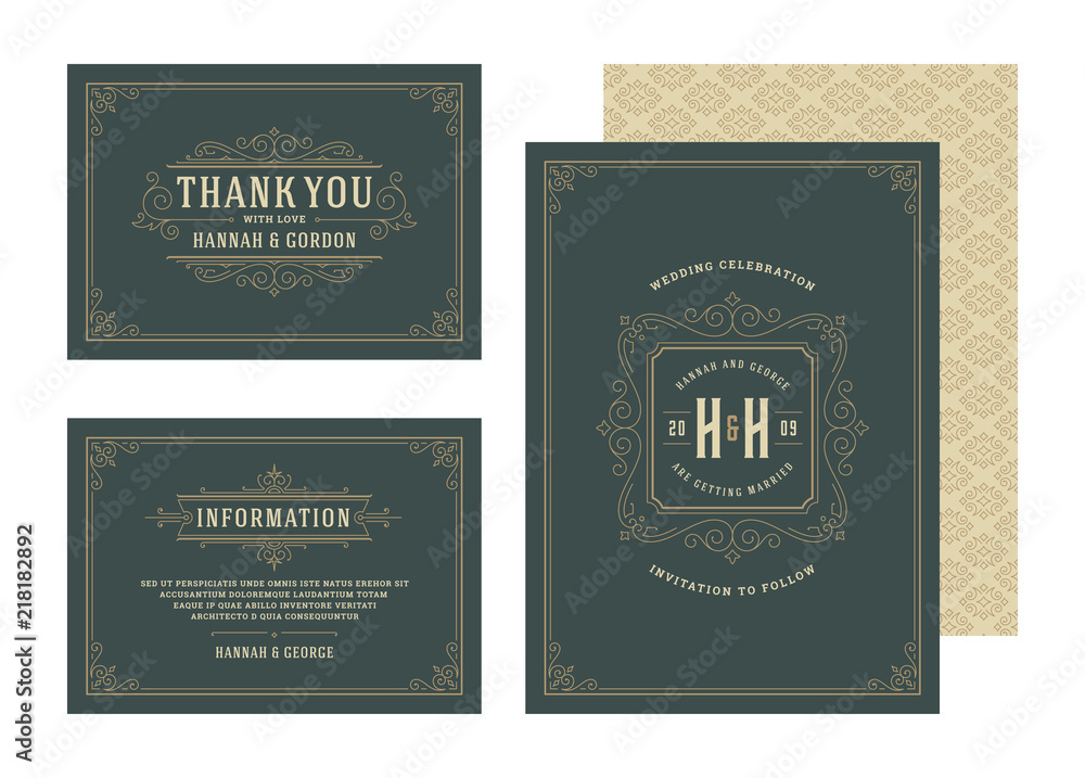 Set wedding invitations flourishes ornaments cards.