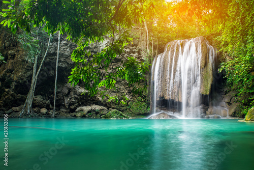 Erawan waterfall in tropical forest  Thailand 