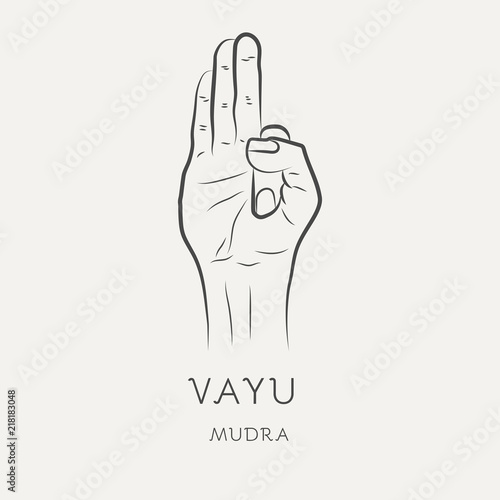 Vayu mudra - gesture in yoga fingers. Symbol in Buddhism or Hinduism concept. Yoga technique for meditation. Promote physical and mental health. Vector illustration.