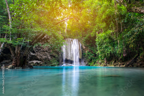 Fototapeta Naklejka Na Ścianę i Meble -  Erawan waterfall in tropical forest, Thailand 