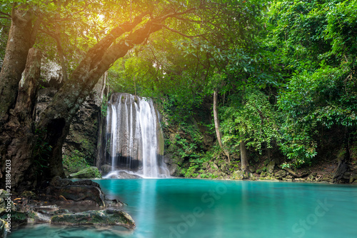 Erawan waterfall in tropical forest  Thailand 