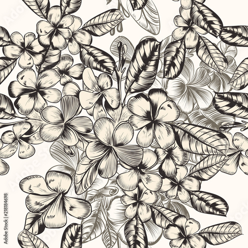 Beautiful vector pattern with hand drawn tropical flowers in vintage style