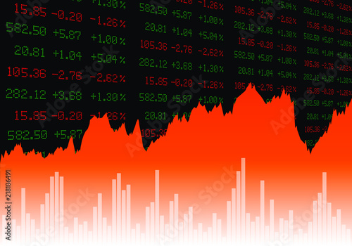 Stock chart with volume bars and stock prices on the background