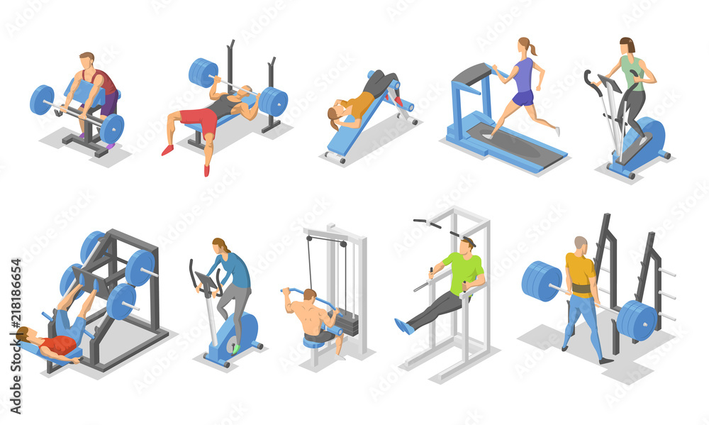 Sport equipment flat vector illustrations set. Fitness Stock