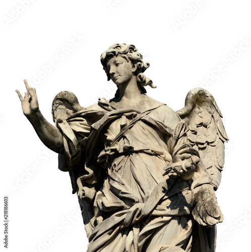Angel statue holding the Nails of Jesus Cross on Sant'Angelo Bridge in Rome (isolated on white background)