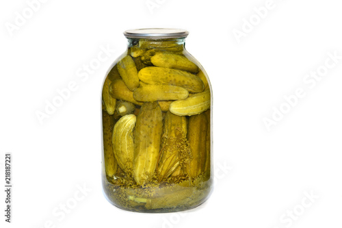 Glass jar with pickled cucumbers isolated on white background