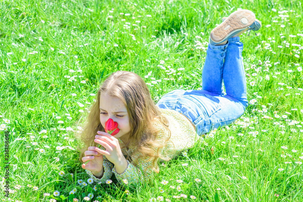 Fototapeta premium United with nature concept. Girl on smiling face holds red tulip flower on sunny spring day. Child enjoy aroma of tulip while lying at meadow. Girl with long hair lying on grassplot, grass background.