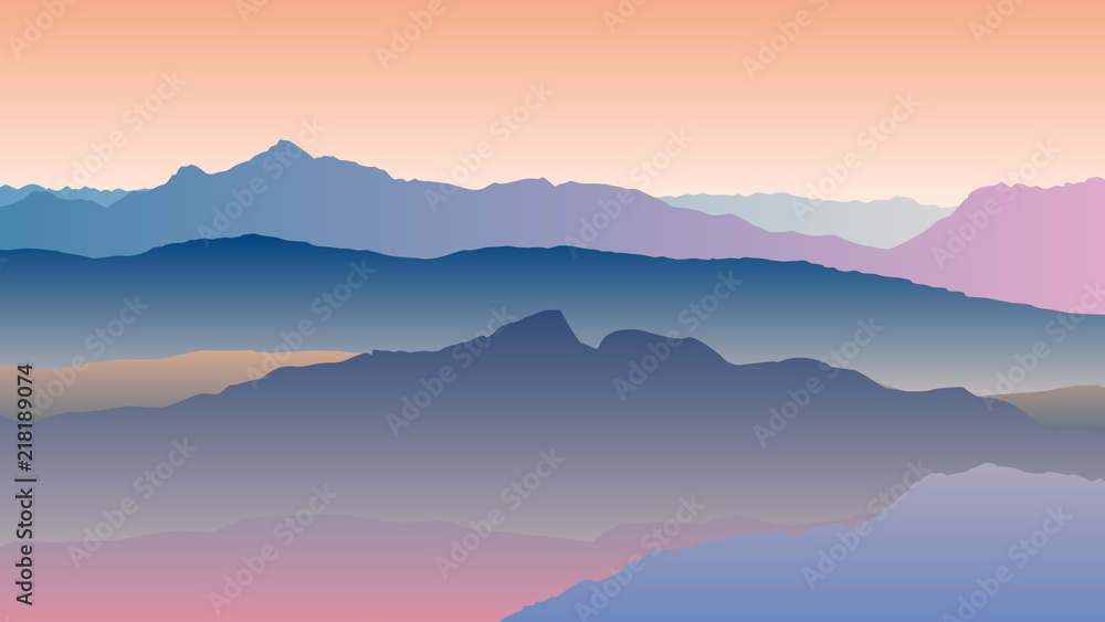 landscape with blue orange silhouettes of mountains vector eps 10