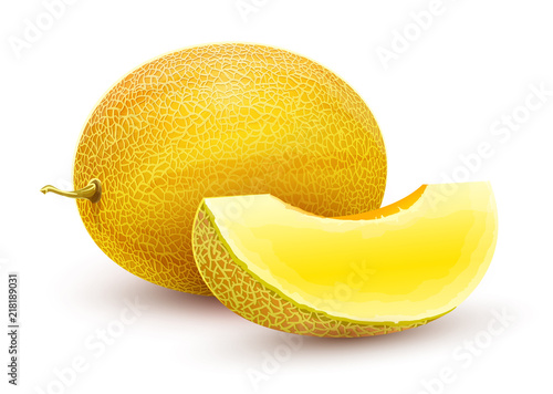 Honeydew melon. Whole fresh ripe sweet fruit with sliced juicy