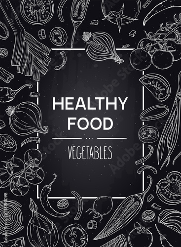 Vector hand drawn vertical background with vegetables - tomato, pepper, onion. Healthy food sketch illustration in chalkboard style. Design for shop, book, menu, poster, banner.