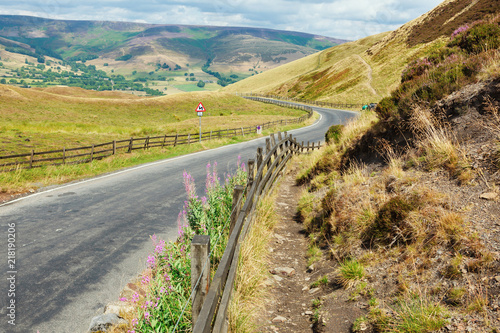 Peak District National Park, Derbyshire, England. Walks in Mam Tor, view of the hills and road selective focus