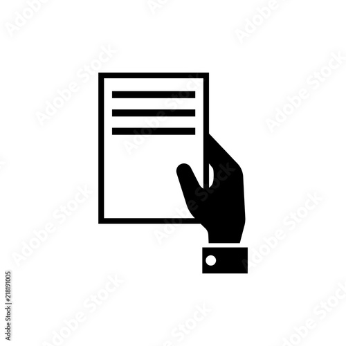 Hand Holding Document. Flat Vector Icon illustration. Simple black symbol on white background. Hand Holding Document sign design template for web and mobile UI element