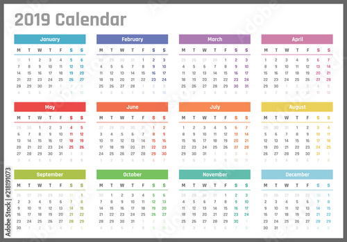 2019 year calendar, calendar design for 2019 starts monday