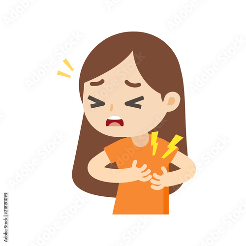 Woman having a heart attack with chest pain cartoon, vector illustration.