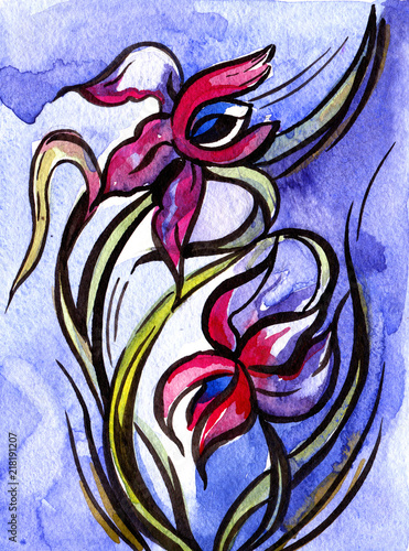 Quadro su tela Abstract watercolor iris with black outline. Illustration
