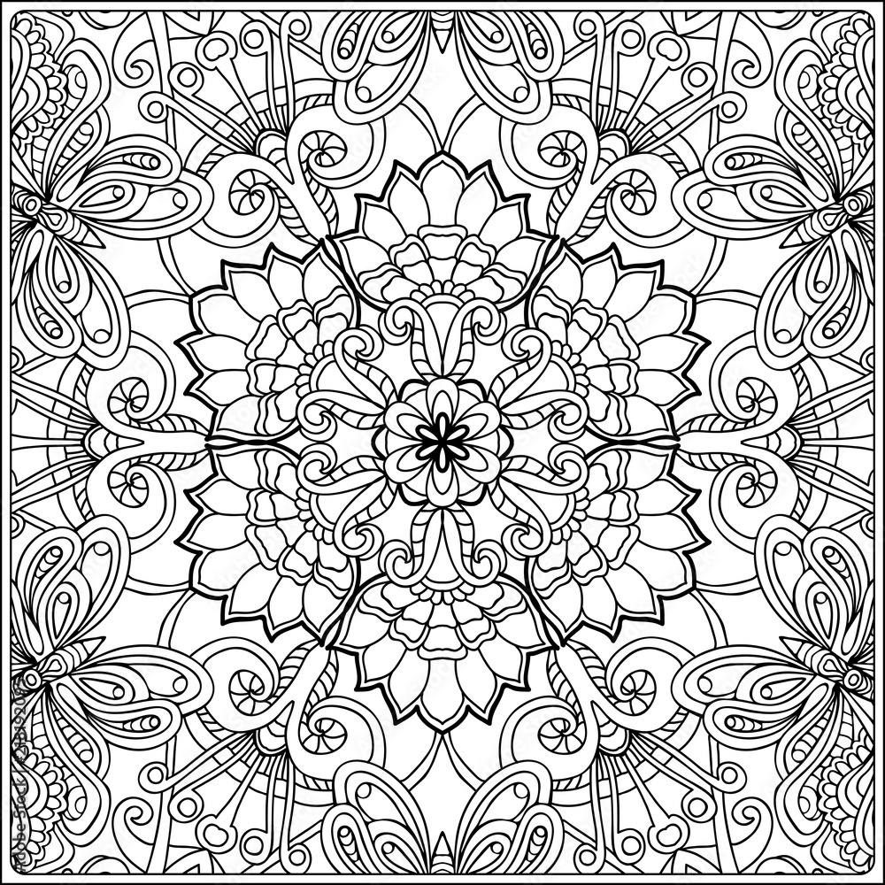 seamless pattern. Outline hand drawing. Good for coloring page for the adult coloring book. Stock vector illustration.Abstract vector decorative ethnic mandala black and white