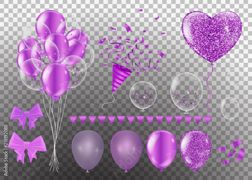 Confetti and set purple ribbons. illustration bunch of Birthday transparent Balloon isolated. Party decorations for Wedding, anniversary, celebration, event design.