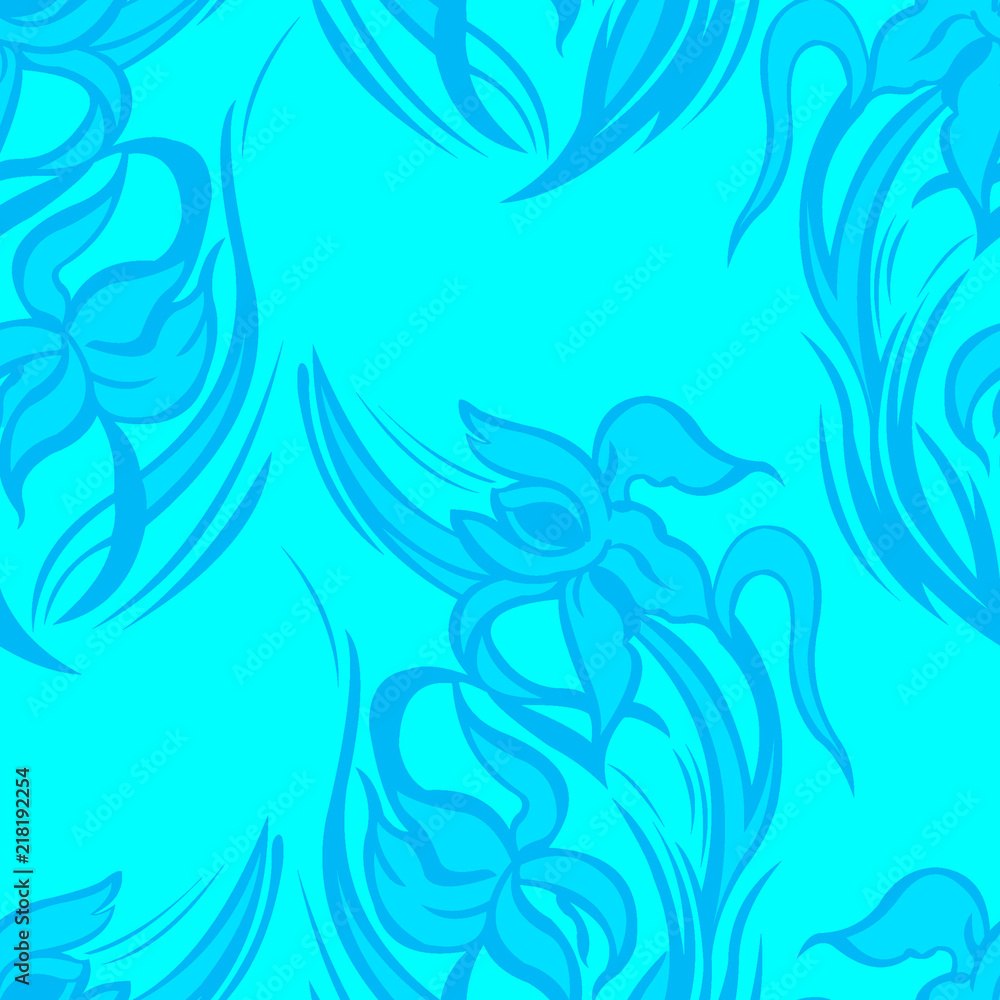 Blue floral seamless pattern of abstract irises. Blue floral seamless pattern of abstract irises.