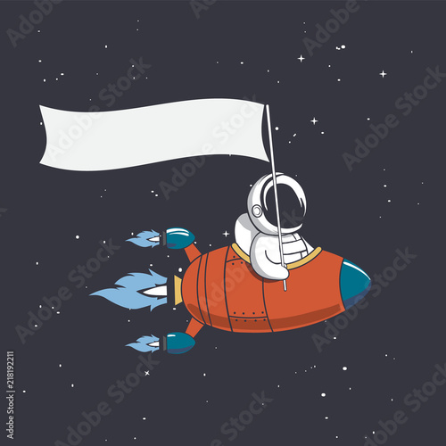 Astronaut in flying rocket holds a flag . Vector illustration