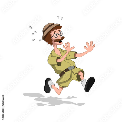 Scared professor in cartoon style. Image of runing hunter in isometric view. Drawing of jungle researcher