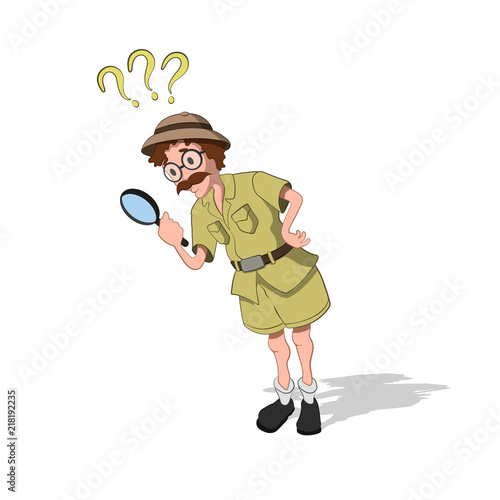 Professor with loupe in cartoon style. Image of finder in isometric view. Drawing of jungle researcher