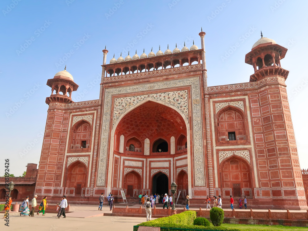 21 JUNE 2018, AGRA - INDIA. People visit Taj Mahal. UNESCO World Heritage Site, Agra, Uttar Pradesh, India, Asia