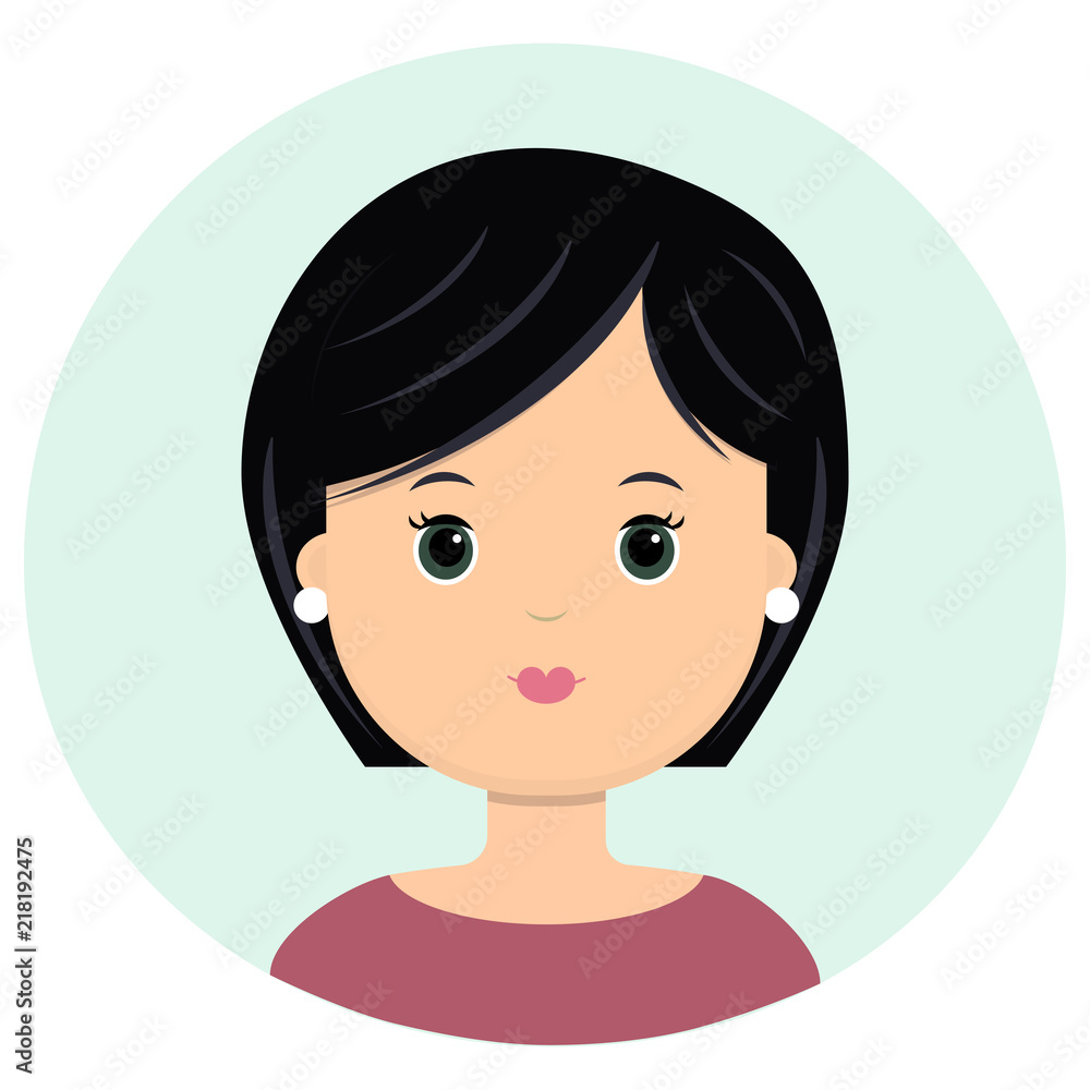 Beautiful young woman with black hair short. Portrait of modern fashion, hairstyle salon, vector icon, isolated on white background. Beautiful young woman with black hair short. Portrait of modern fashion, hairstyle salon, vector icon, isolated on white background.