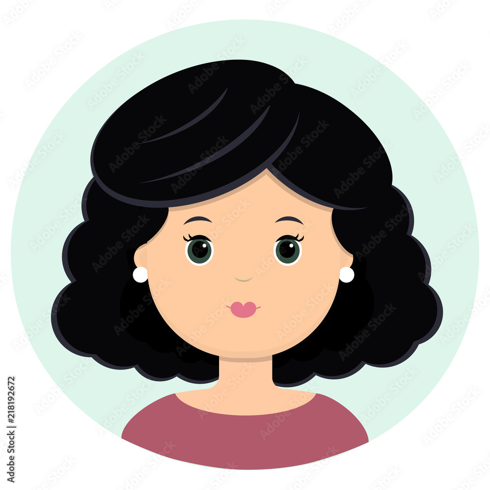 Beautiful young woman with black curly hair. Portrait of modern fashion, hairstyle salon, vector icon, isolated on white background. Beautiful young woman with black curly hair. Portrait of modern fashion, hairstyle salon, vector icon, isolated on white background.