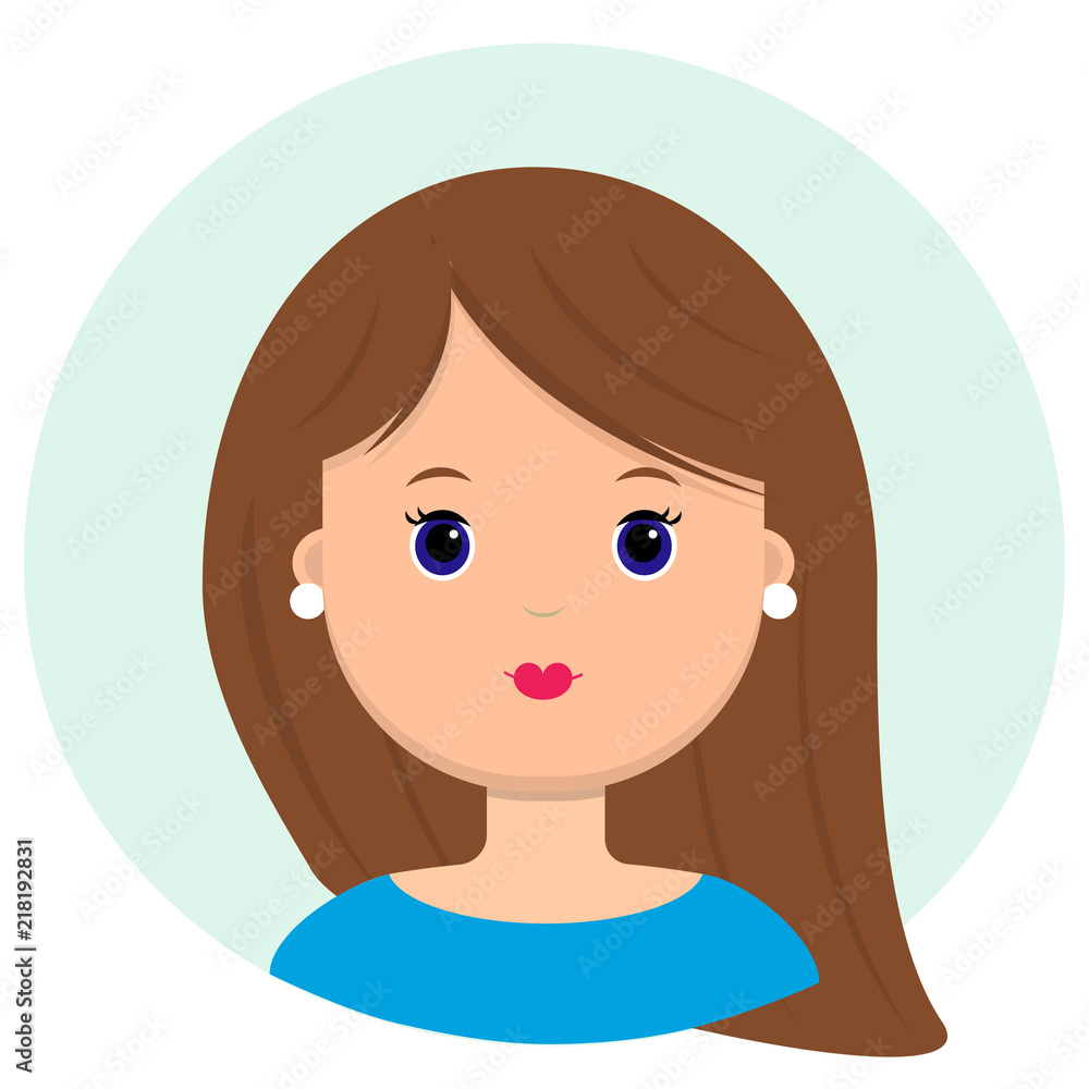 Beautiful young woman with brown long hair. Portrait of modern fashion, hairstyle salon, vector icon, isolated on white background. Beautiful young woman with brown long hair. Portrait of modern fashion, hairstyle salon, vector icon, isolated on white background.