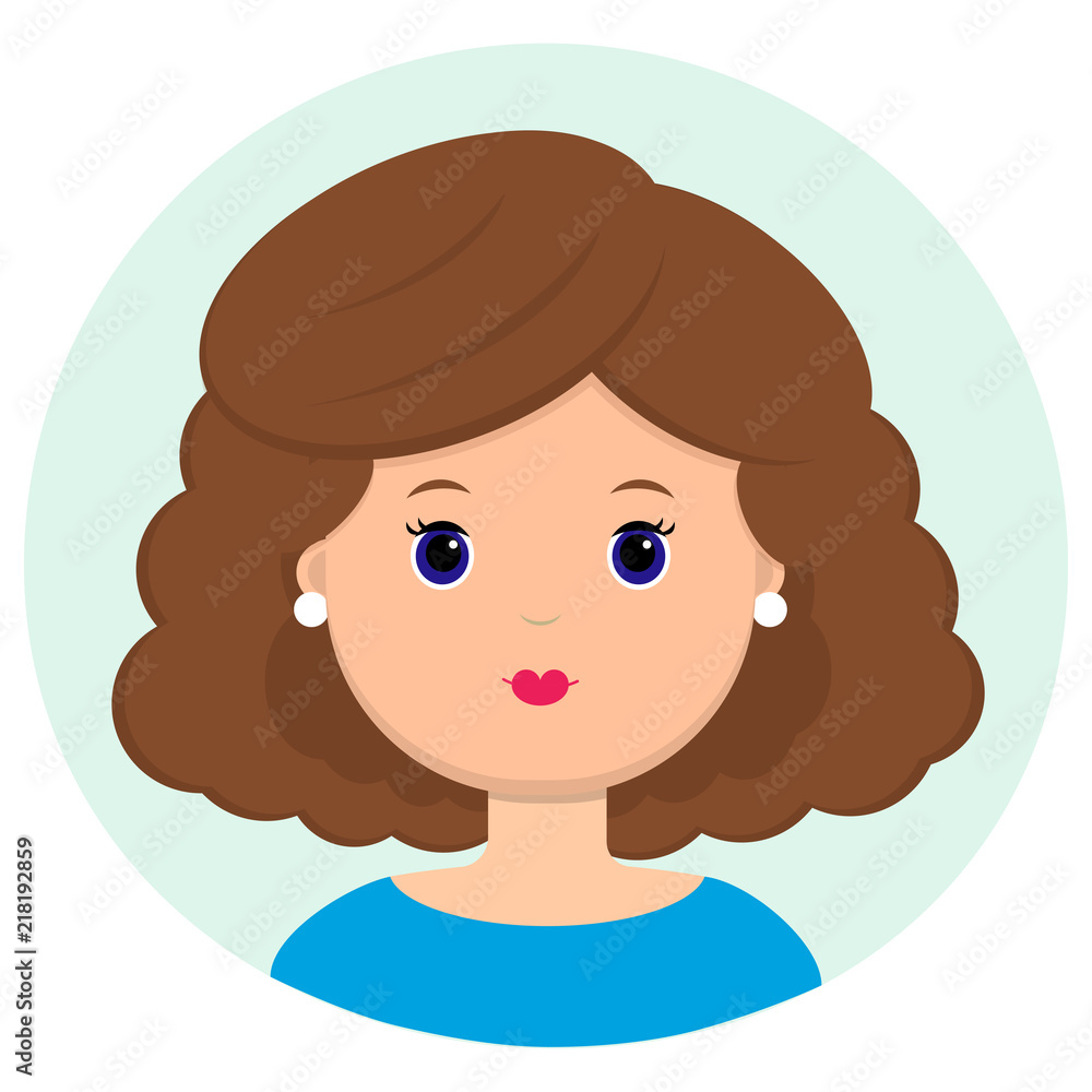 Beautiful young woman with brown curly hair. Portrait of modern fashion, hairstyle salon, vector icon, isolated on white background. Beautiful young woman with brown curly hair. Portrait of modern fashion, hairstyle salon, vector icon, isolated on white background.