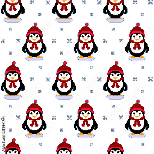 Vector seamless pattern texture with pixel art penguins and snowflakes. Winter Holidays cute vector penguins set.
