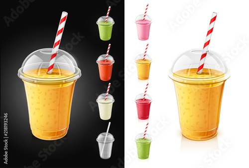 Set of plastic transparent cups with pipe for smoothie. Fresh