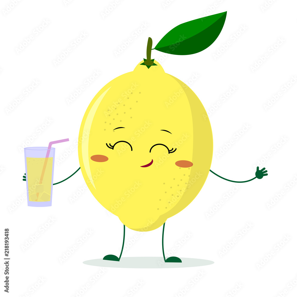 Cute lemon cartoon character holding a glass with juice. Stock Vector |  Adobe Stock