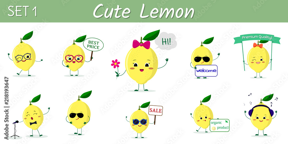 A set of ten cute lemon characters in different poses and accessories in cartoon style.
