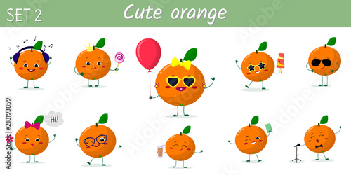 A set of ten cute orange characters in different poses and accessories in cartoon style.