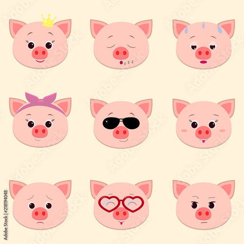 Set of cute piggy face different emotions in cartoon style.