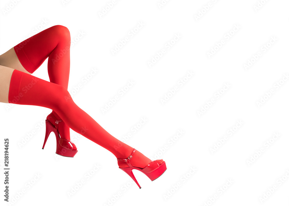 Sexy Female Legs In Fetish Red Stockings And Red High Heels Isolated 