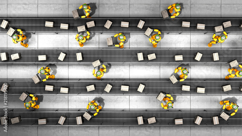 Modern concept of precise automated sorting in production or delivery robots shift boxes from the conveyor to the conveyor 3d render