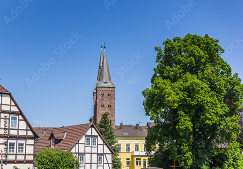 Kiliani church and half timbered houses in Hoxter, Germany