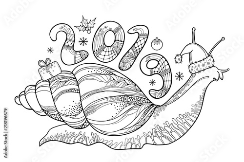 Vector drawing of outline Achatina snail or African giant land snail with number 2019 in black isolated on white background. Ornate contour decoration for winter holiday design and coloring book.